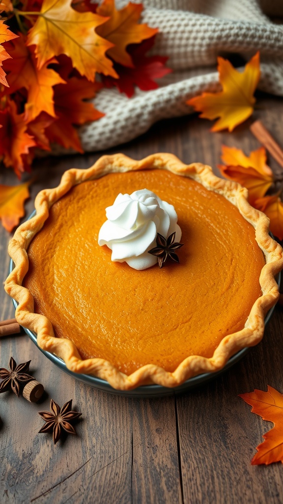 A golden-brown spiced pumpkin pie with whipped cream on top, surrounded by cinnamon sticks and autumn leaves.